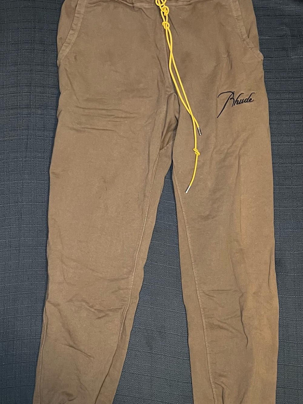 Rhude Brown Jogger Sweatpants with Yellow Drawstring